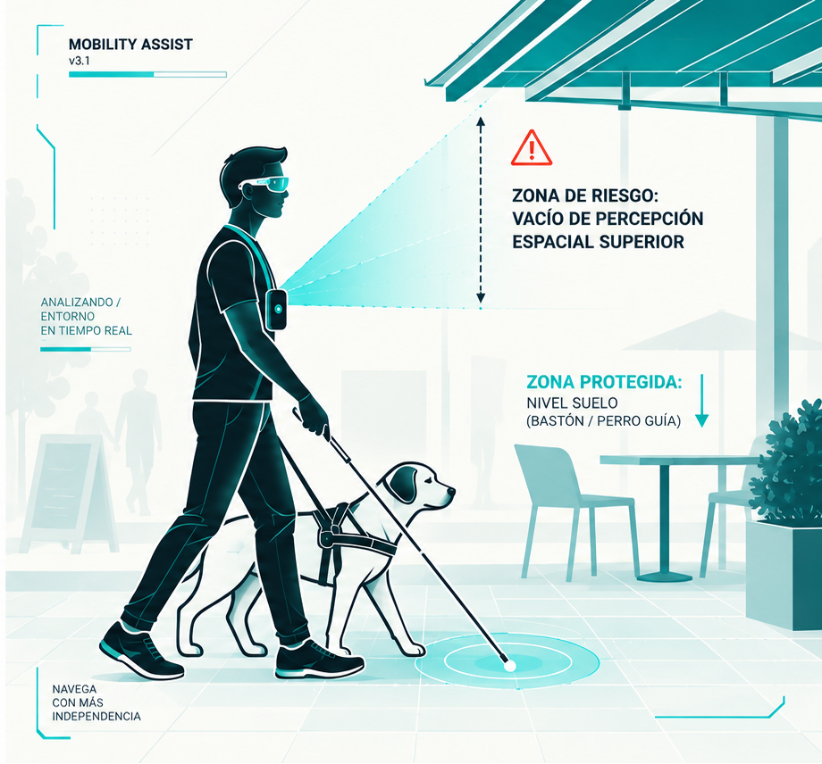 kiropilot-lindo-2 Ilustración de una persona ciega caminando con bastón y perro guía en un entorno urbano interior; un dispositivo analiza el entorno en tiempo real, señalando una zona de riesgo superior y una zona protegida a nivel del suelo.